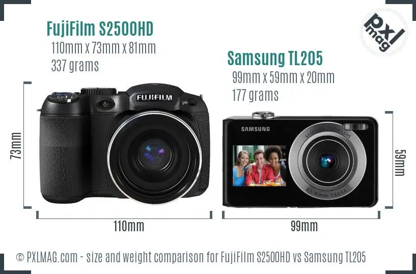 FujiFilm S2500HD vs Samsung TL205 size comparison