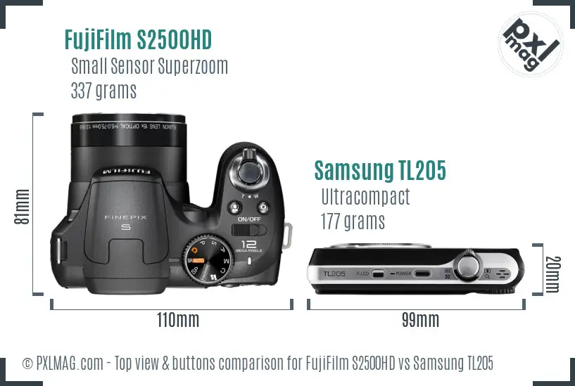 FujiFilm S2500HD vs Samsung TL205 top view buttons comparison