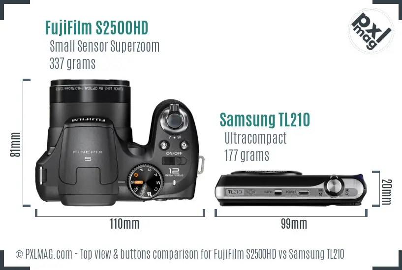 FujiFilm S2500HD vs Samsung TL210 top view buttons comparison FujiFilm S2500HD vs Samsung TL210 top view buttons comparison