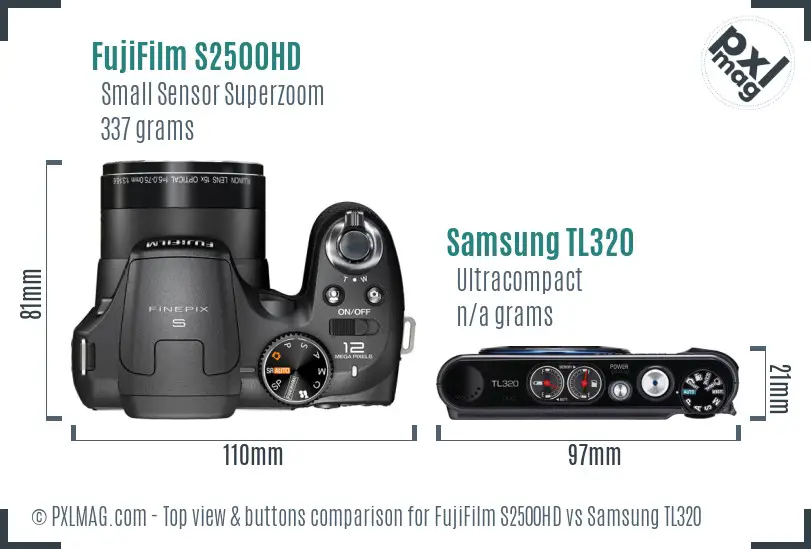 FujiFilm S2500HD vs Samsung TL320 top view buttons comparison