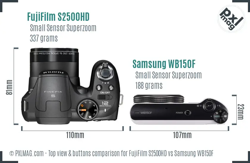 FujiFilm S2500HD vs Samsung WB150F top view buttons comparison