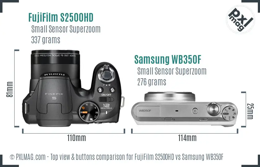 FujiFilm S2500HD vs Samsung WB350F top view buttons comparison