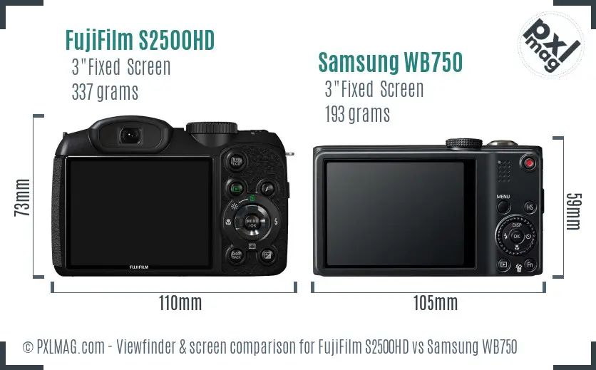 FujiFilm S2500HD vs Samsung WB750 Screen and Viewfinder comparison