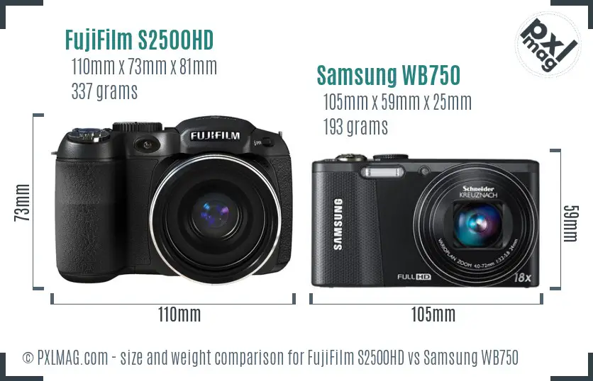 FujiFilm S2500HD vs Samsung WB750 size comparison