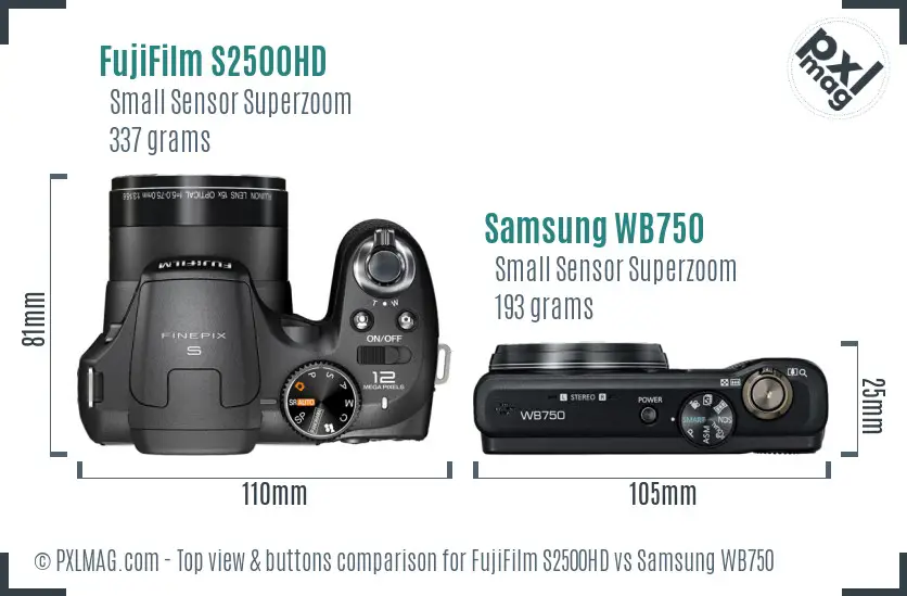 FujiFilm S2500HD vs Samsung WB750 top view buttons comparison