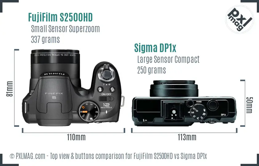 FujiFilm S2500HD vs Sigma DP1x top view buttons comparison FujiFilm S2500HD vs Sigma DP1x top view buttons comparison