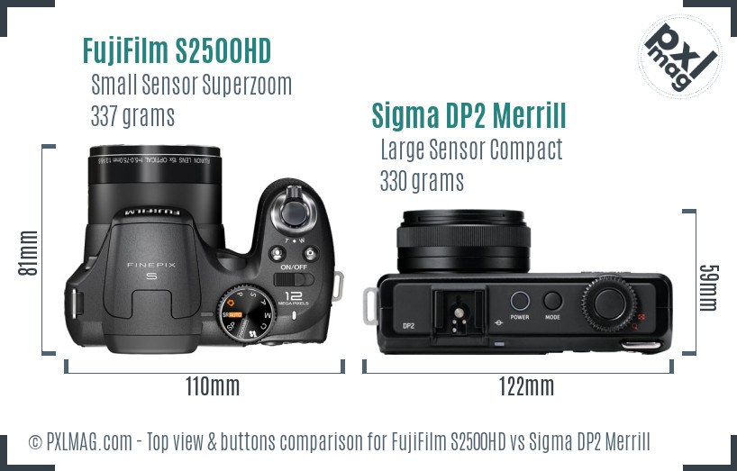FujiFilm S2500HD vs Sigma DP2 Merrill top view buttons comparison