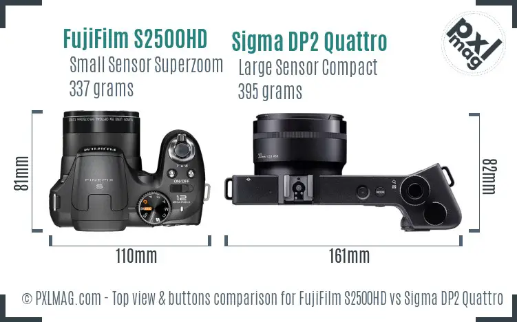 FujiFilm S2500HD vs Sigma DP2 Quattro top view buttons comparison FujiFilm S2500HD vs Sigma DP2 Quattro top view buttons comparison