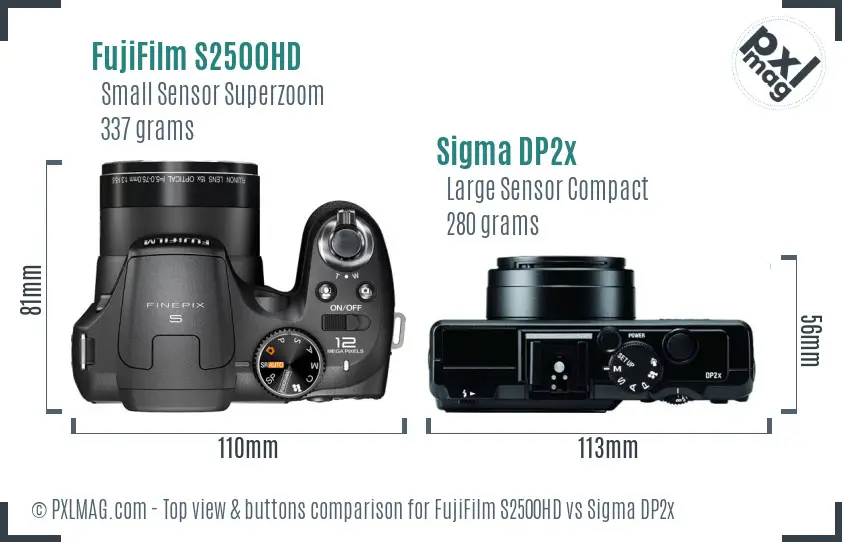FujiFilm S2500HD vs Sigma DP2x top view buttons comparison FujiFilm S2500HD vs Sigma DP2x top view buttons comparison