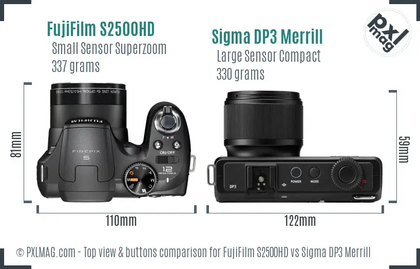 FujiFilm S2500HD vs Sigma DP3 Merrill top view buttons comparison