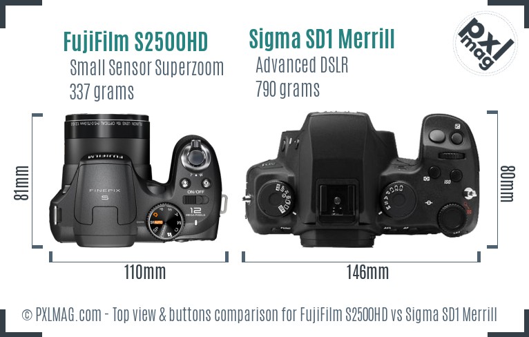 FujiFilm S2500HD vs Sigma SD1 Merrill top view buttons comparison