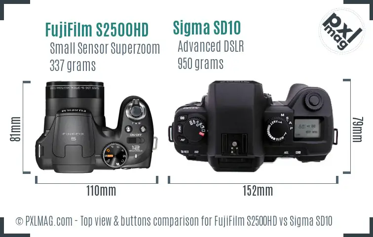 FujiFilm S2500HD vs Sigma SD10 top view buttons comparison FujiFilm S2500HD vs Sigma SD10 top view buttons comparison