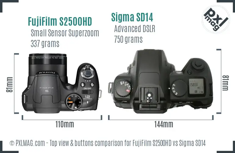 FujiFilm S2500HD vs Sigma SD14 top view buttons comparison