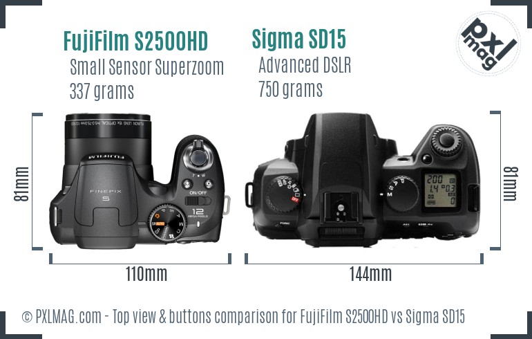 FujiFilm S2500HD vs Sigma SD15 top view buttons comparison