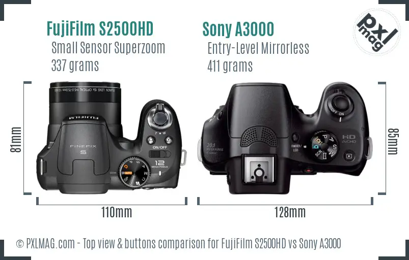 FujiFilm S2500HD vs Sony A3000 top view buttons comparison FujiFilm S2500HD vs Sony A3000 top view buttons comparison
