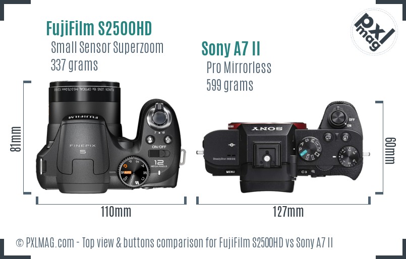 FujiFilm S2500HD vs Sony A7 II top view buttons comparison