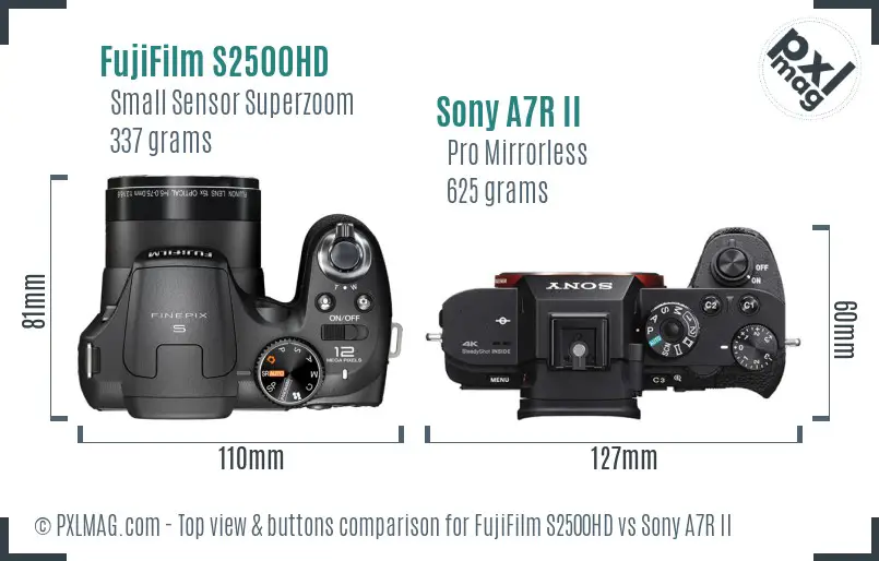 FujiFilm S2500HD vs Sony A7R II top view buttons comparison