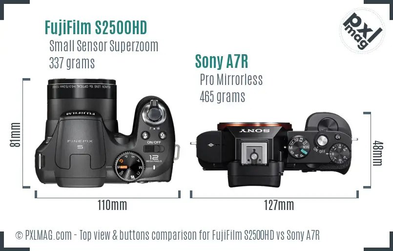 FujiFilm S2500HD vs Sony A7R top view buttons comparison FujiFilm S2500HD vs Sony A7R top view buttons comparison