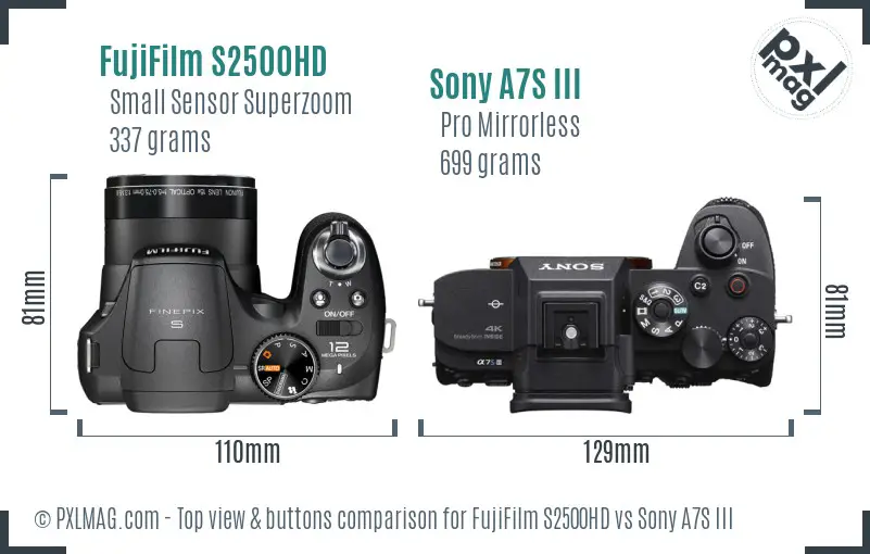 FujiFilm S2500HD vs Sony A7S III top view buttons comparison FujiFilm S2500HD vs Sony A7S III top view buttons comparison