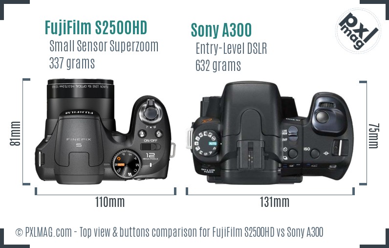 FujiFilm S2500HD vs Sony A300 top view buttons comparison