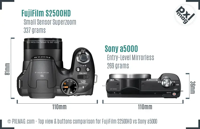 FujiFilm S2500HD vs Sony a5000 top view buttons comparison