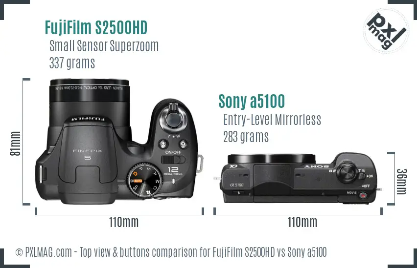 FujiFilm S2500HD vs Sony a5100 top view buttons comparison