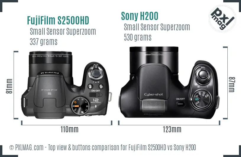 FujiFilm S2500HD vs Sony H200 top view buttons comparison