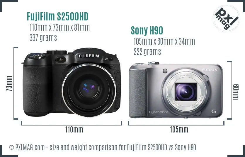 FujiFilm S2500HD vs Sony H90 size comparison