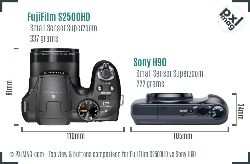 FujiFilm S2500HD vs Sony H90 top view buttons comparison