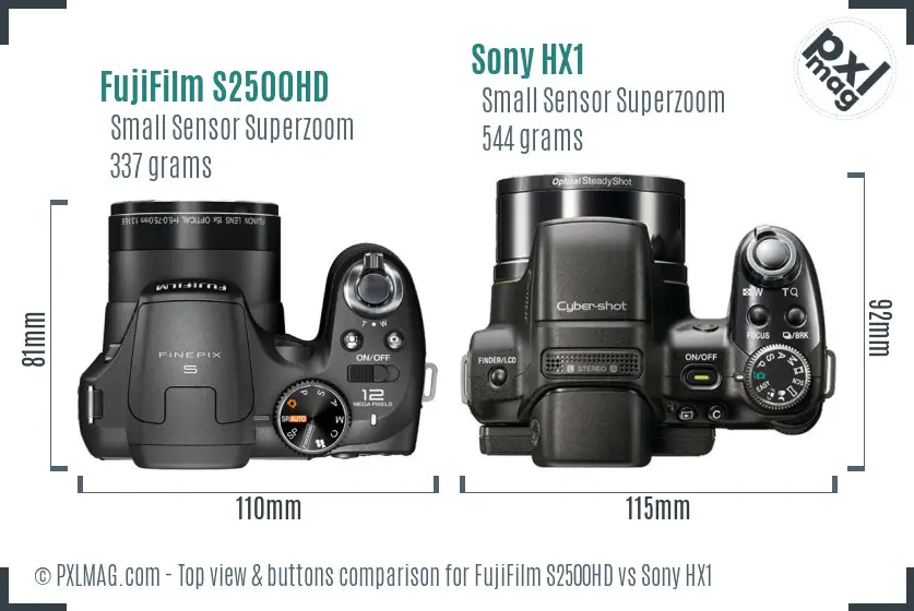 FujiFilm S2500HD vs Sony HX1 top view buttons comparison FujiFilm S2500HD vs Sony HX1 top view buttons comparison