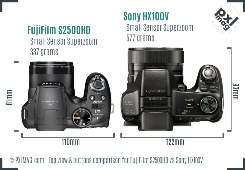 FujiFilm S2500HD vs Sony HX100V top view buttons comparison