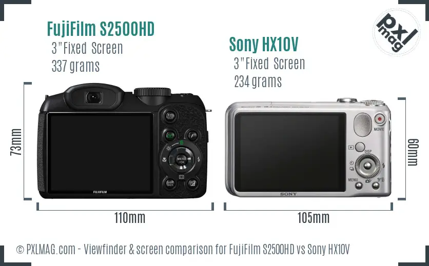 FujiFilm S2500HD vs Sony HX10V Screen and Viewfinder comparison
