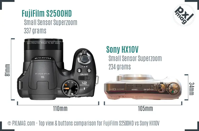 FujiFilm S2500HD vs Sony HX10V top view buttons comparison