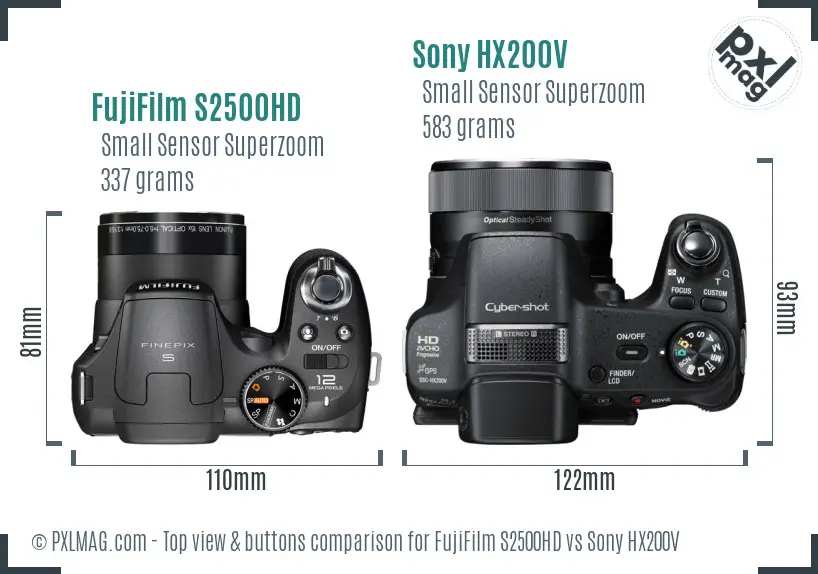 FujiFilm S2500HD vs Sony HX200V top view buttons comparison