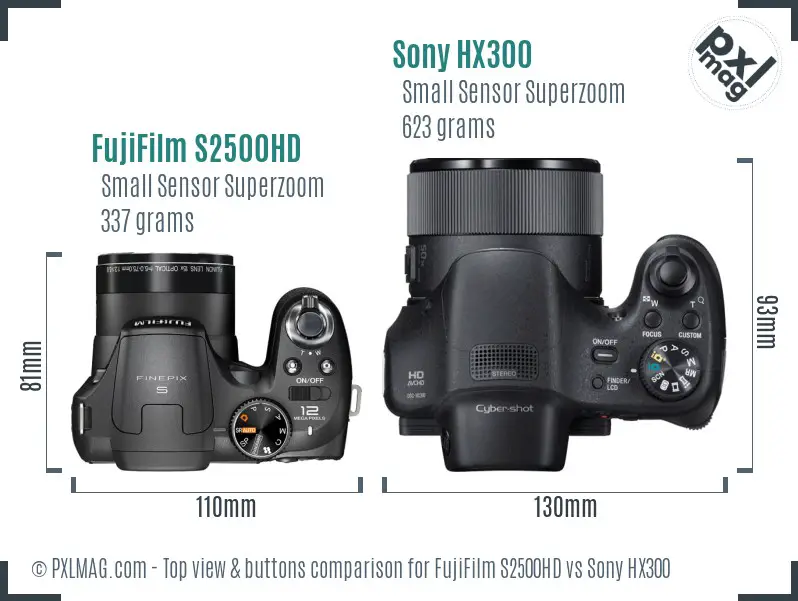 FujiFilm S2500HD vs Sony HX300 top view buttons comparison