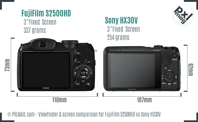 FujiFilm S2500HD vs Sony HX30V Screen and Viewfinder comparison