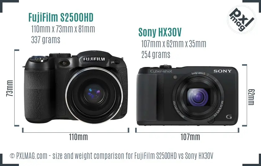 FujiFilm S2500HD vs Sony HX30V size comparison