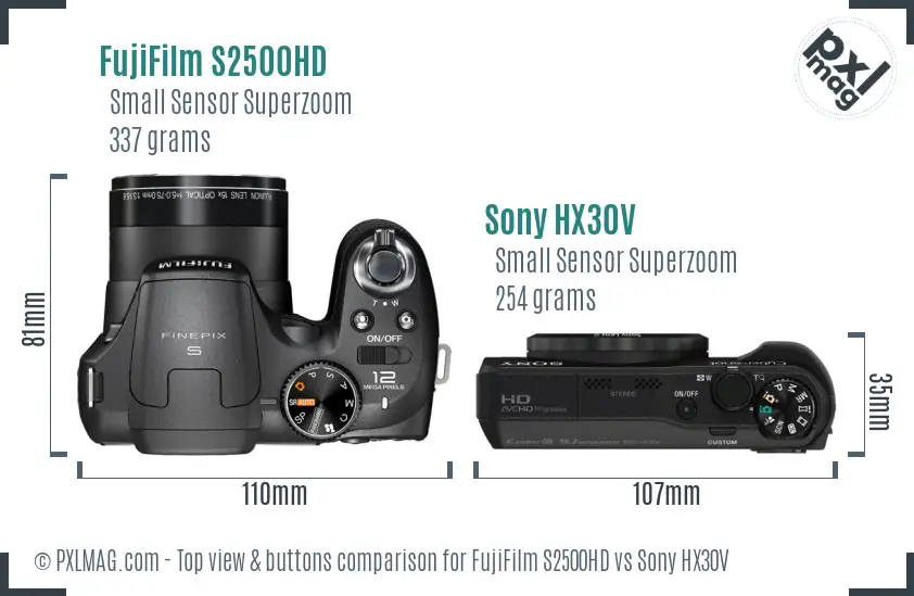 FujiFilm S2500HD vs Sony HX30V top view buttons comparison