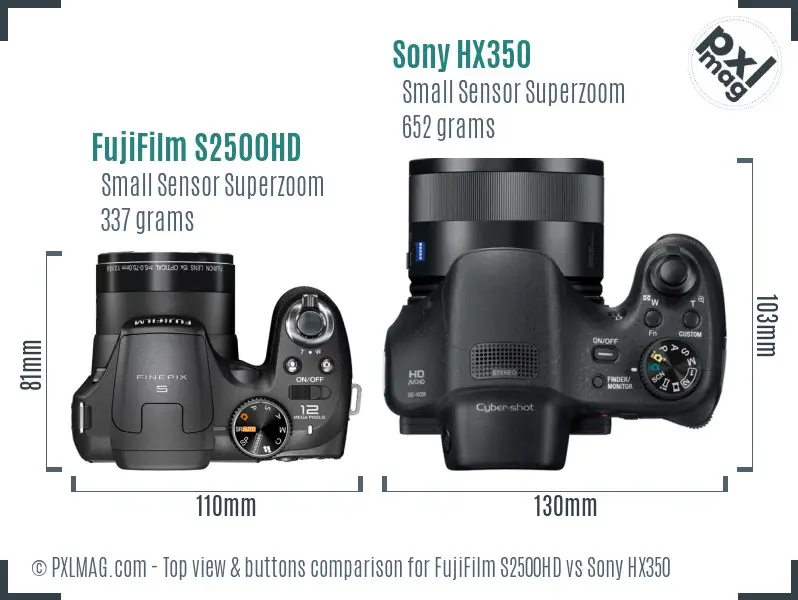 FujiFilm S2500HD vs Sony HX350 top view buttons comparison FujiFilm S2500HD vs Sony HX350 top view buttons comparison