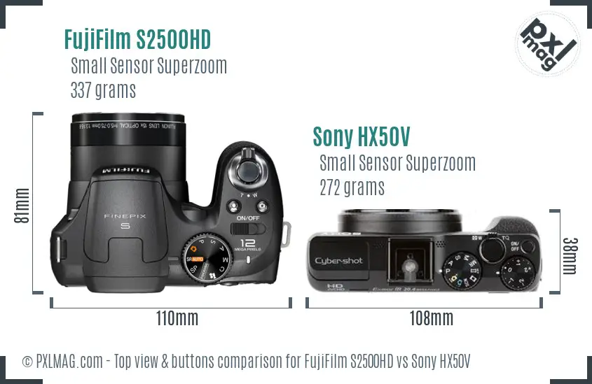 FujiFilm S2500HD vs Sony HX50V top view buttons comparison FujiFilm S2500HD vs Sony HX50V top view buttons comparison