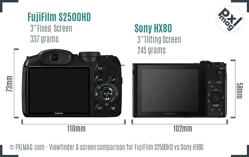 FujiFilm S2500HD vs Sony HX80 Screen and Viewfinder comparison