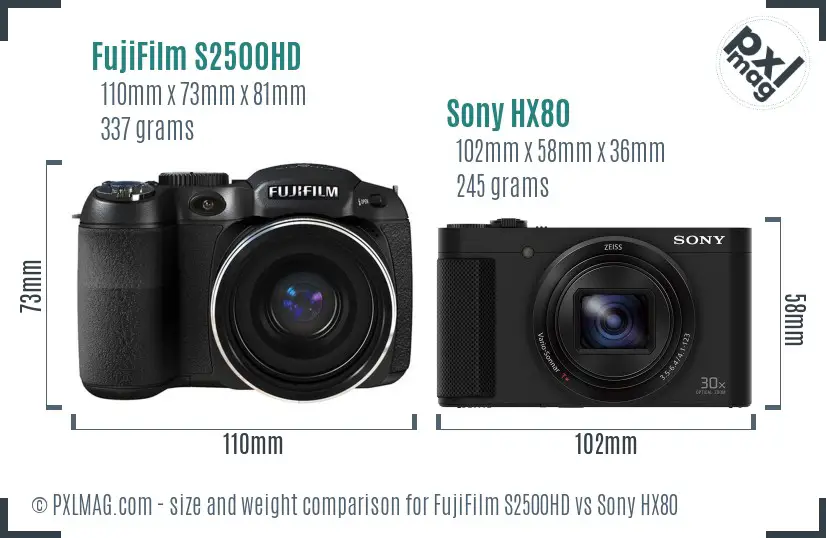 FujiFilm S2500HD vs Sony HX80 size comparison