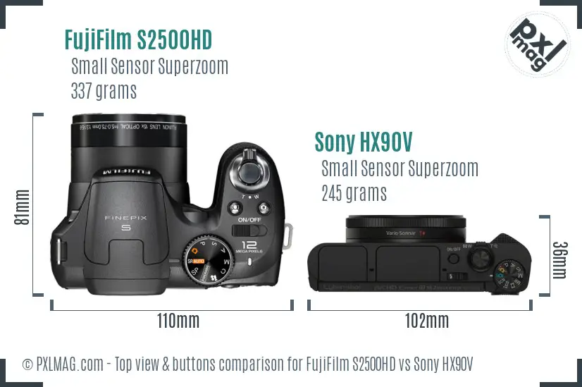 FujiFilm S2500HD vs Sony HX90V top view buttons comparison FujiFilm S2500HD vs Sony HX90V top view buttons comparison