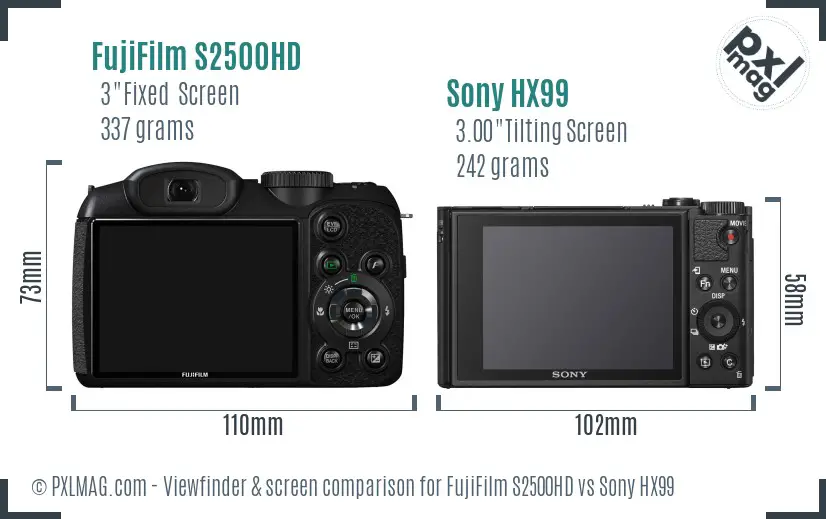 FujiFilm S2500HD vs Sony HX99 Screen and Viewfinder comparison