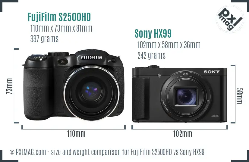 FujiFilm S2500HD vs Sony HX99 size comparison
