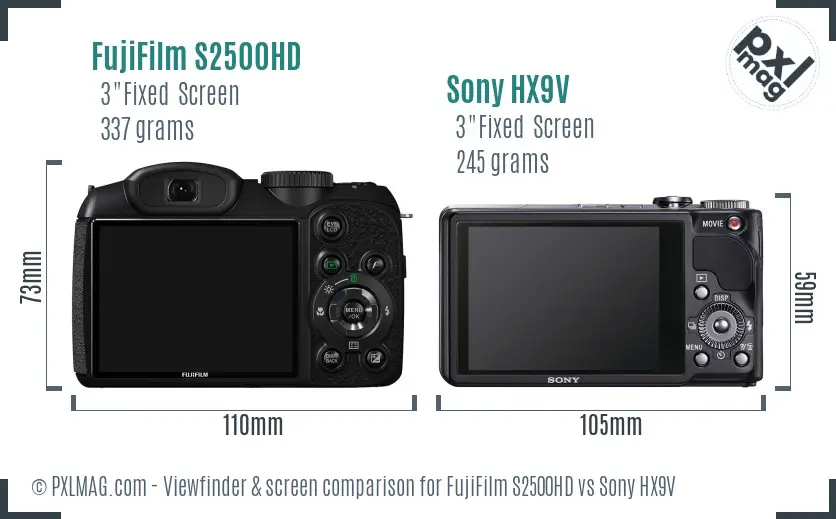 FujiFilm S2500HD vs Sony HX9V Screen and Viewfinder comparison