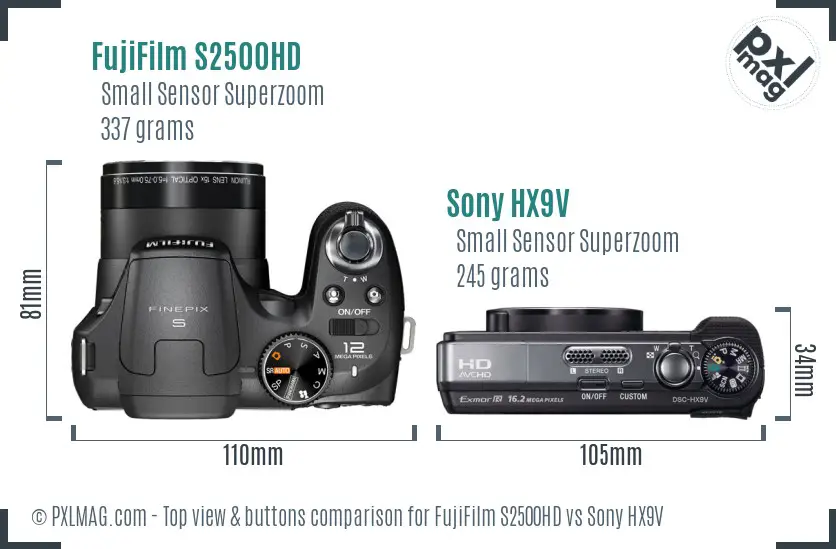 FujiFilm S2500HD vs Sony HX9V top view buttons comparison