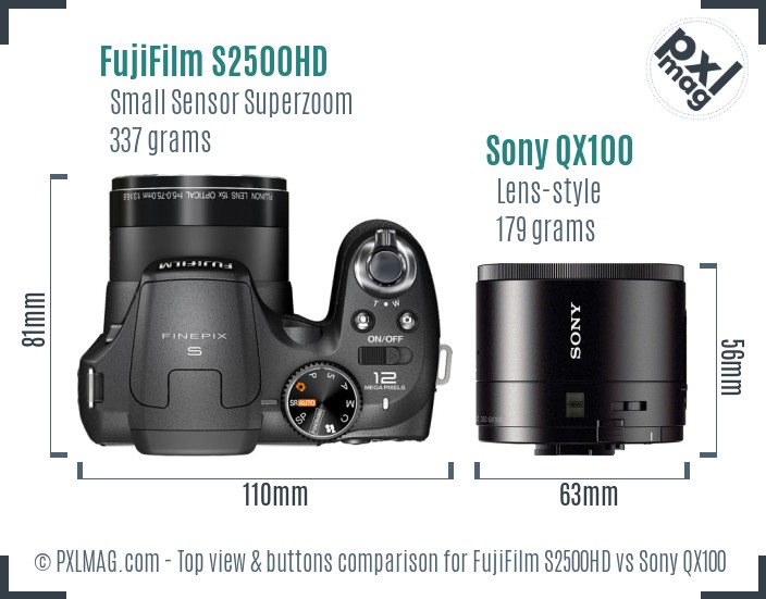 FujiFilm S2500HD vs Sony QX100 top view buttons comparison