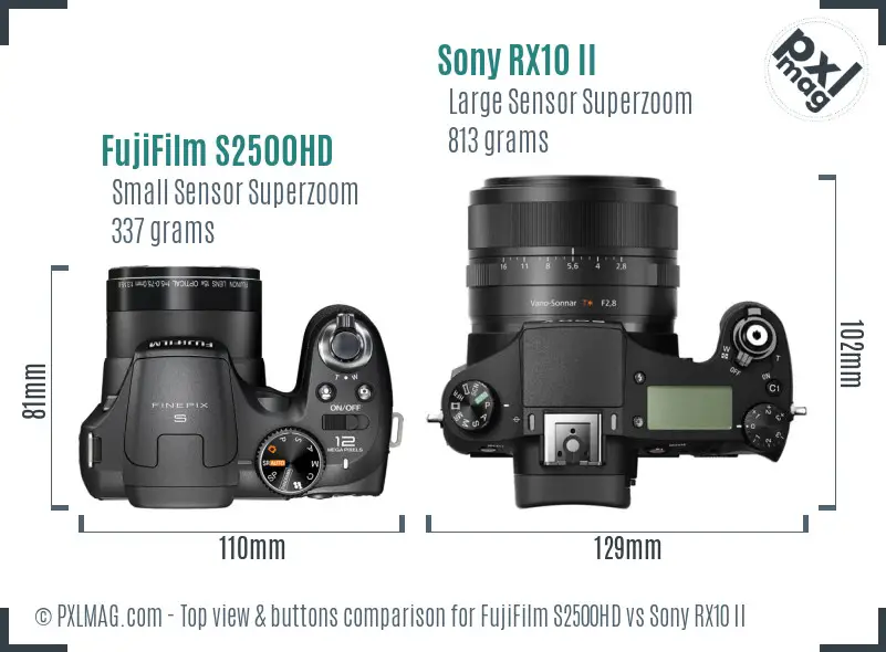 FujiFilm S2500HD vs Sony RX10 II top view buttons comparison