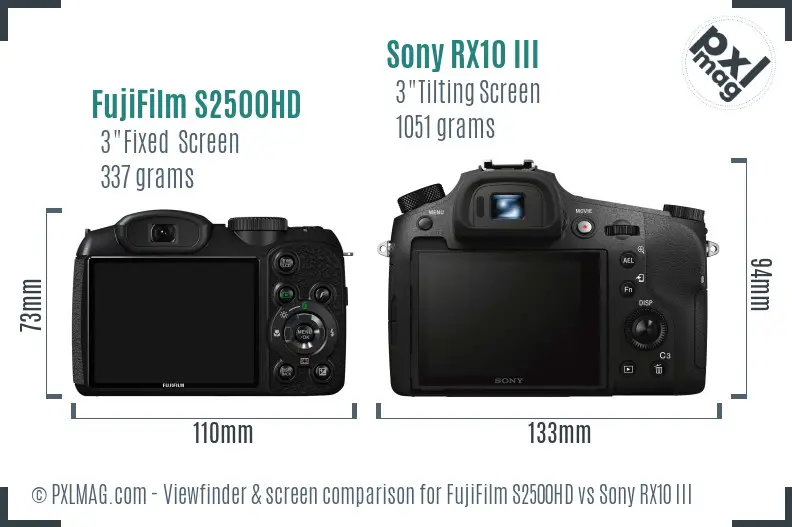 FujiFilm S2500HD vs Sony RX10 III Screen and Viewfinder comparison